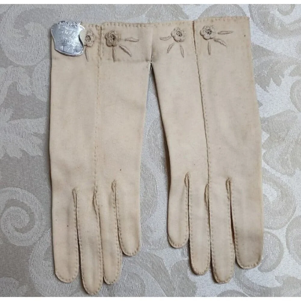 VAN RAALTE 1950s VINTAGE COTTON BLEND GLOVES SIZE 7 – ECRU EMBROIDERED NEW